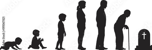 Silhouette set showing human life cycle stages from baby to old age and death with gravestone vector illustration.