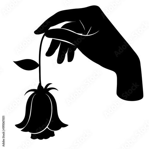 Hand Holding Wilting Rose Silhouette - Conceptual Vector Icon for Sadness, Loss, Grief, or End of Romance. Minimalist Graphic Design Representing Fragility, Death, and Emotional Sorrow.