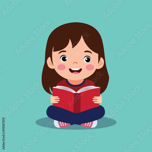 A cartoon girl sitting cross legged reading a book with a smile