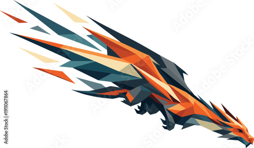 Low-poly vector illustration of a dragon accelerating into a steep flight swoop, elongated angular body cutting diagonally