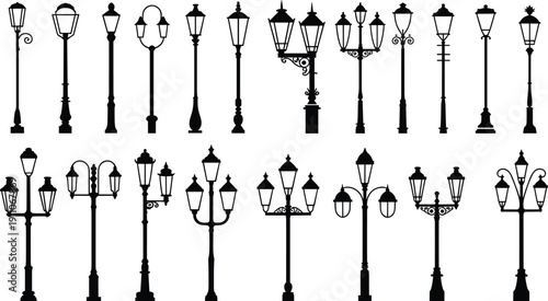 Collection of vintage street lamp post silhouettes showing various antique and classic urban lighting designs for architectural vector illustration.