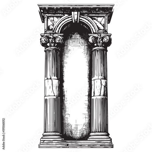 Classical stone archway with columns and pediment vector engraving style isolated on white background for vintage architecture poster design and heritage branding