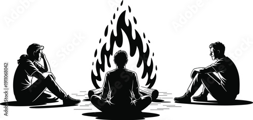 Black and white silhouette illustration of friends sitting around a warm campfire talking and relaxing in nature camping scene.