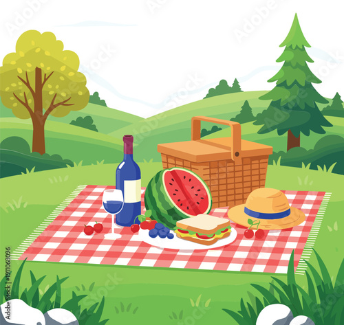 Summer picnic illustration with picnic basket, watermelon, sandwich, wine bottle and fruits on checkered blanket in green nature landscape