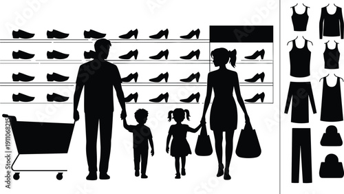 Family shopping silhouette vector illustration of parents and children buying shoes and clothes in a retail store with shopping cart.
