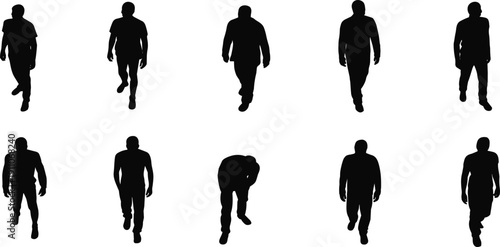 Set of male walking silhouettes isolated on white background, different poses of men pedestrians, urban commuter concept, human shadow figures for design projects.