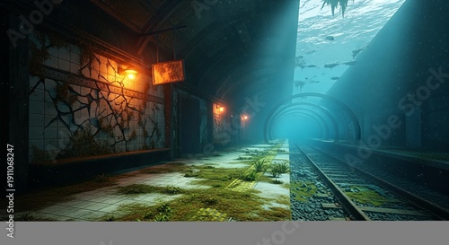 Submerged train tracks and platform in a mysterious derelict urban tunnel environment