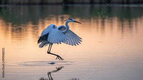 White heron landing on water surface.
