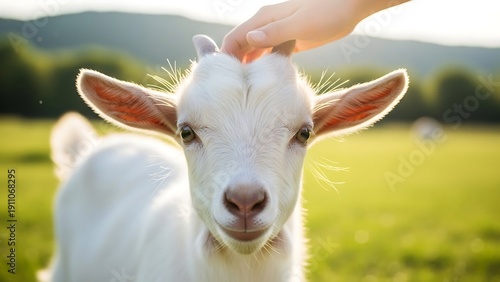White goat being petted outdoors.