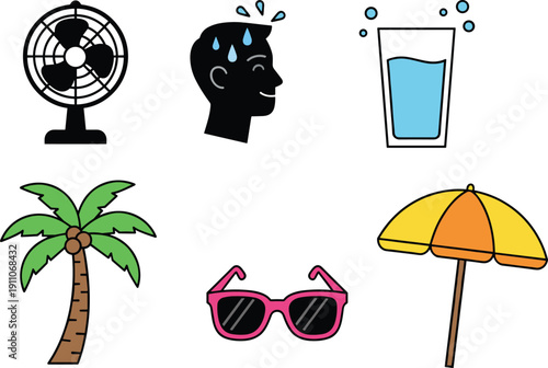 Colorful Icons For Summer Heat And Tropical Vacation Fun Keywords: fan, electric fan, person sweating, hot weather, glass of