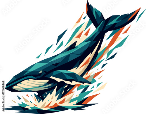 Whale Tail Motion. Low-poly vector illustration of a whale driving its tail upward into the slap motion, explosive upward-backward