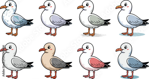 Cute cartoon seagull character vector set showing the bird in various color combinations standing and smiling for mascot design.