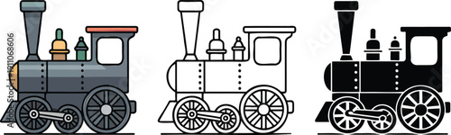 Vintage steam train locomotive silhouette & Outline and illustration set isolated on transparent background