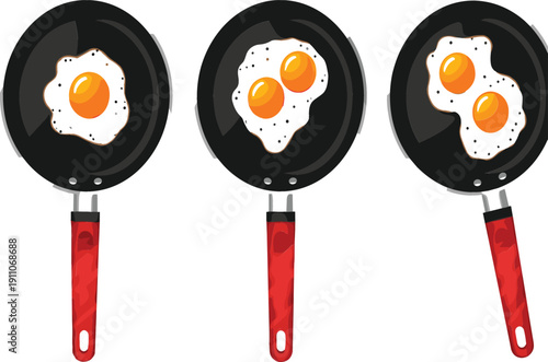 Fried Eggs in Black Frying Pans Set, Breakfast Cooking Concept Vector Illustration of Sunny Side Up Eggs on Kitchen Cookware