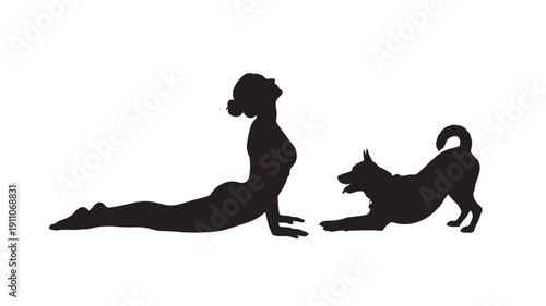 Woman in cobra yoga pose with playful dog running alongside, illustrating harmony and fitness together outdoors in a serene landscape from a side view