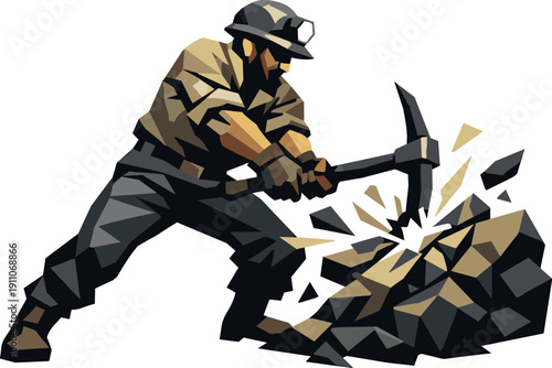 Miner's Strain in Polygon. Low-poly vector illustration of a miner at peak strain mid-swing, body twisted with visible angular