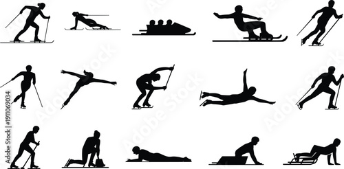 Collection of winter sport silhouette vectors including skiing bobsled and luge for sports design and competition illustration projects.