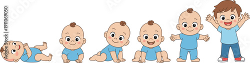 Baby growth stages illustration, infant development milestones, crawling standing toddler cartoon, early childhood progression artwork, parenting education concept, pediatric motor skills learning