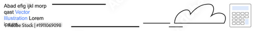 Cloud computing, data storage, digital analytics, technology networks, online services, data reference. Minimal diagram with cloud, calculator and text. Cloud computing and data storage concept