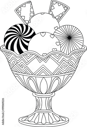 Decorative Ice Cream Sundae Bowl with Patterned Scoops and Candy Sticks, Black and White Zentangle Style Vector Illustration