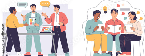 Flat style vector illustration of diverse business team brainstorming ideas and collaborating on projects with tablets and sticky notes.