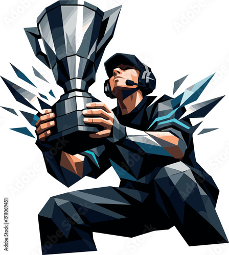 Low-poly vector illustration of an esports player preparing to lift a trophy, grounded angular stance with knees slightly bent