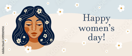 International Women's Day Greeting Card. Soft Pastel Background and Cartoon Woman Portrait. Girl Character Face Avatar. Romantic Cute Mother,  Sister Women's Day Holiday Gift. 8 march Decoration Art 
