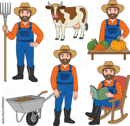 Cartoon farmer character collection featuring man in overalls with cow, vegetables, pitchfork, and wheelbarrow, vector illustration set.