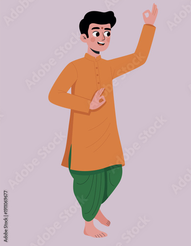 Joyful indian man dancing in a traditional pose with expressive movement, wearing colorful ethnic attire, perfect for cultural festival and celebration themes