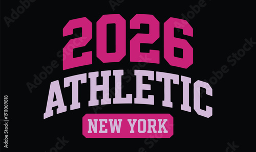 New York 2026 Athletic Typography Design with Bold Arched Varsity Lettering in Pink and Lavender for Streetwear Apparel