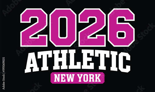 Vibrant Magenta 2026 New York Athletic Typography Design on Black Background for Modern Sports Apparel
