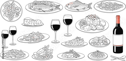 An exquisite collection of culinary illustrations featuring diverse gourmet dishes, fine wines, and dining elements, ideal for menus, food blogs, and graphic design projects