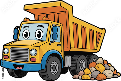 Cute cartoon dump truck unloading pile of rocks, happy yellow construction vehicle mascot dumping gravel, vector illustration.