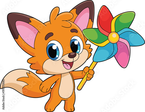 Cute cartoon fox holding colorful pinwheel toy, happy orange animal character playing, vector illustration for kids.
