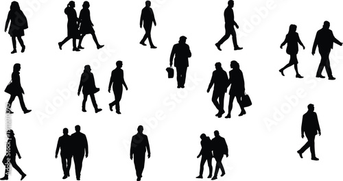 Set of walking people silhouettes isolated on white background, men and women pedestrians in different poses, urban street crowd concept, daily life illustration collection.
