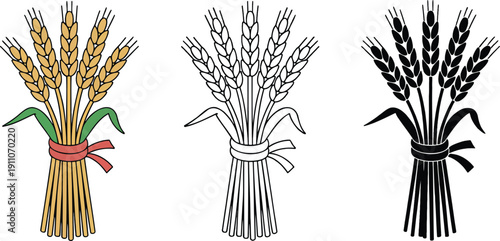 Wheat sheaf silhouette & Outline and illustration set isolated on transparent background