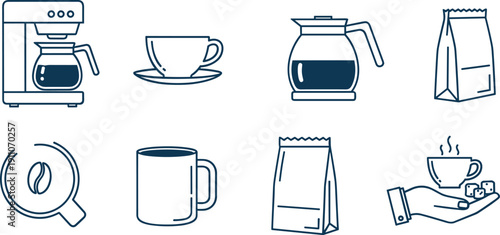 A set of line art icons representing coffee culture, including brewing equipment, cups, and packaged coffee beans for various applications