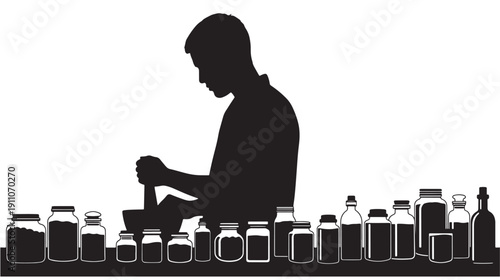 A person preparing a concoction surrounded by various bottles and jars in a laboratory setting viewed from the side.