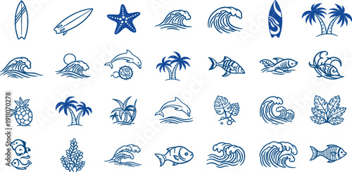 Blue line art vector icon set depicting tropical beach and ocean themes. Hand-drawn surf, marine life, palm trees, and summer elements for design projects