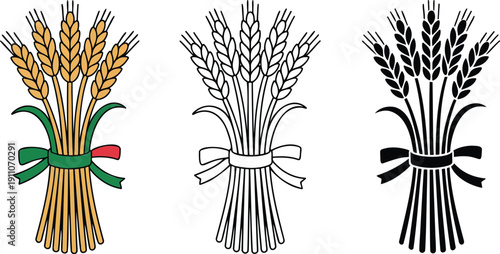 Wheat sheaf silhouette & Outline and illustration set isolated on transparent background