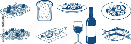 Concept illustrations of Mediterranean appetizers. Fresh fish, olives, pasta, toast, and wine in a clean blue-and-white minimalist style, ideal for culinary themes
