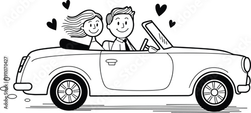 Hand drawn stick figure couple in love driving a classic vintage convertible car on a romantic summer road trip adventure journey