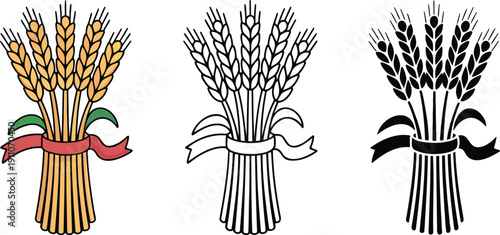 Wheat sheaf silhouette & Outline and illustration set isolated on transparent background