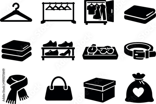 Collection of clothing and accessory icons for wardrobe organization and fashion