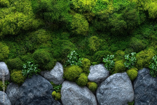 Textured wall with moss and natural stones