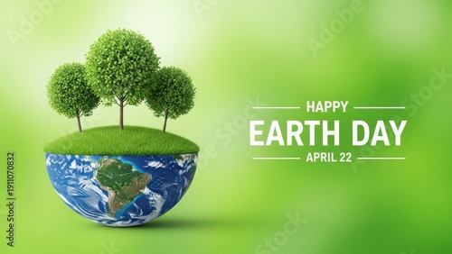 Happy earth day with green trees on globe