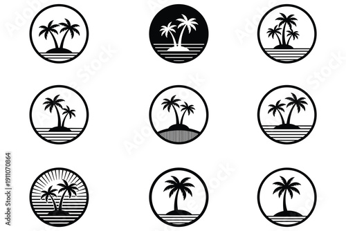 Nine circular black and white palm tree island icons and logos Keywords: palm tree, island, circle, icon, logo, silhouette