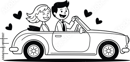 Happy hand drawn stick figure couple in love driving a classic vintage convertible car on a romantic summer road trip adventure