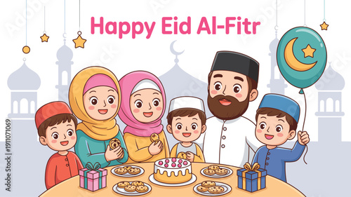Happy Muslim family celebrating Eid Al-Fitr together with cake and cookies, cartoon characters at festive dinner table with mosque background.