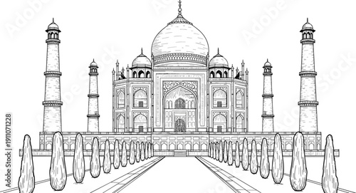 Taj Mahal architectural line art illustration with detailed symmetrical Mughal monument engraving style